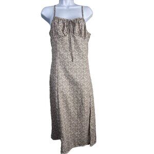 Womens Midi Sundress Tie Front M Tan White Floral Starburst Garden Party Cottage